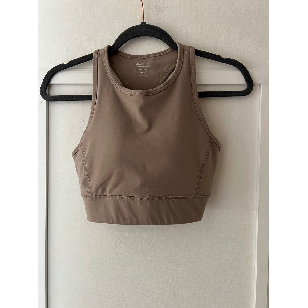 Calvin Klein Performance High Neck Racerback Sports Bra Taupe Beige Small
